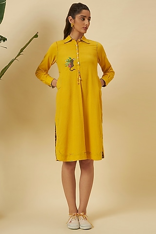 Yellow Seersucker Embroidered Shirt Dress by Nikasha