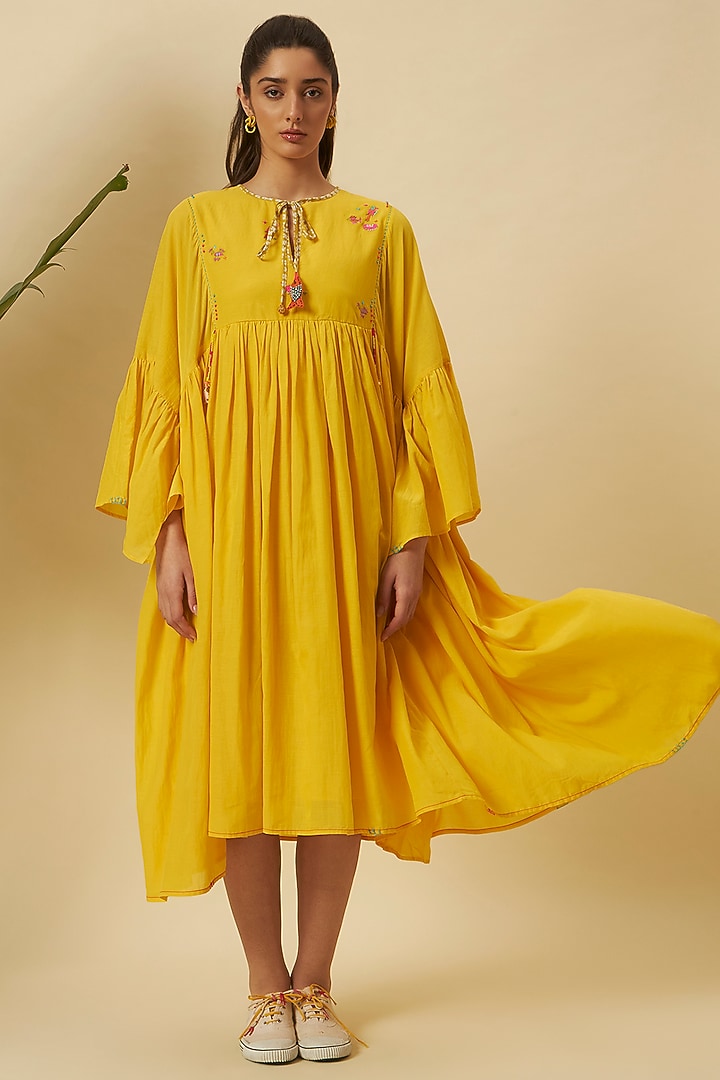 Yellow Cotton Gathered Midi Vacation Dress by Nikasha at Pernia's Pop Up Shop