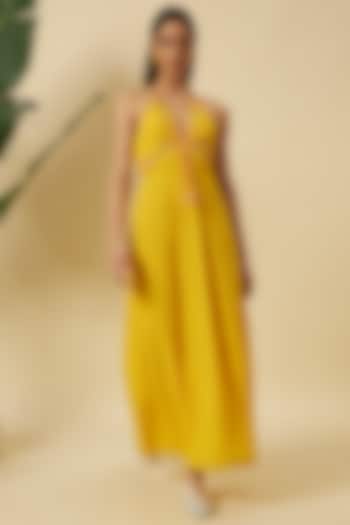 Sunflower Yellow Seersucker Embroidered Halter Maxi Vacation Dress by Nikasha at Pernia's Pop Up Shop