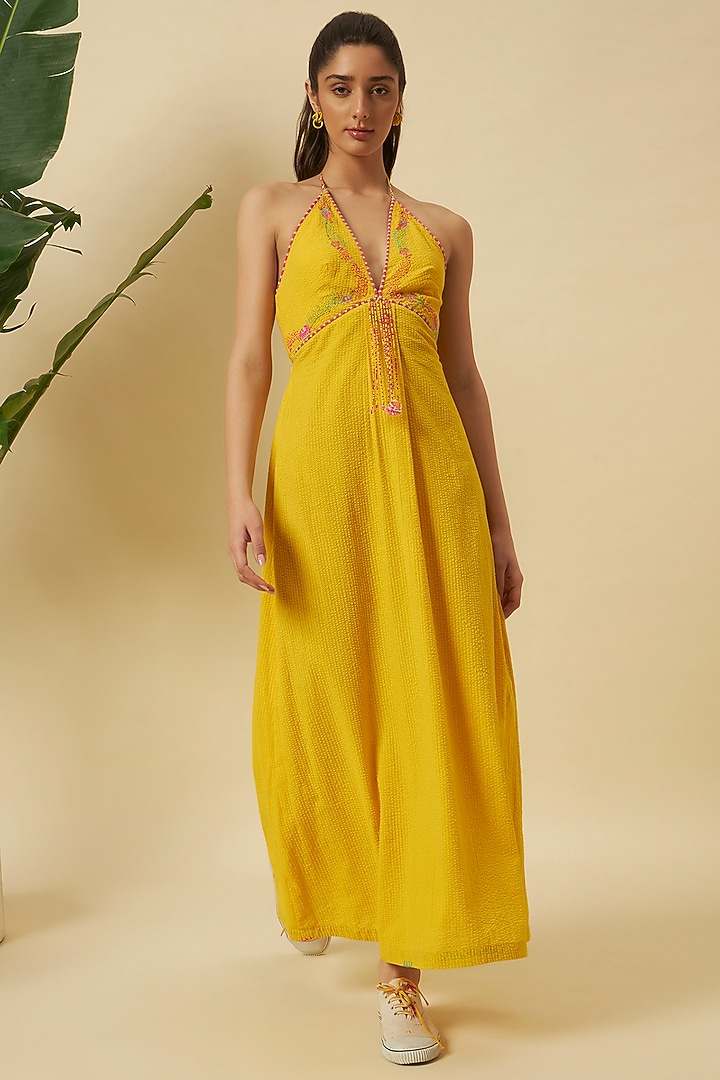 Sunflower Yellow Seersucker Embroidered Halter Maxi Vacation Dress by Nikasha at Pernia's Pop Up Shop