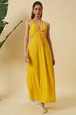 Sunflower Yellow Seersucker Embroidered Halter Maxi Dress by Nikasha