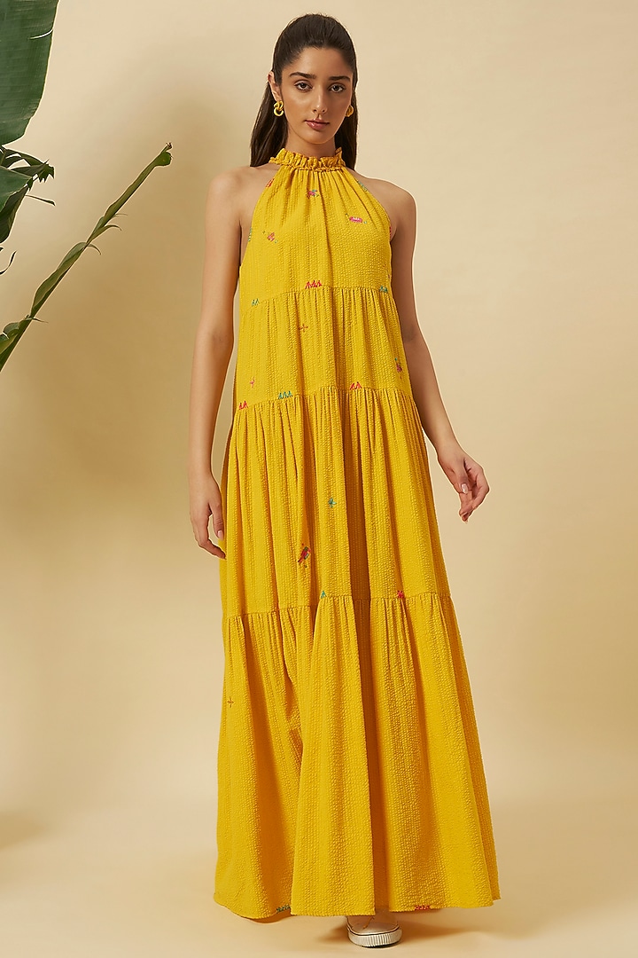 Marigold Yellow Seersucker Tiered Maxi Vacation Dress by Nikasha at Pernia's Pop Up Shop