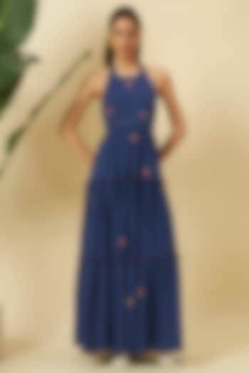 Indigo Seersucker Embroidered Tiered Maxi Vacation Dress by Nikasha at Pernia's Pop Up Shop