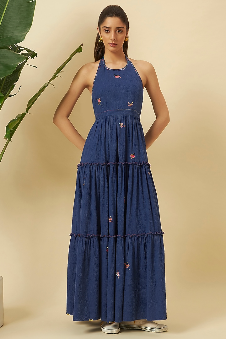 Indigo Seersucker Embroidered Tiered Maxi Vacation Dress by Nikasha at Pernia's Pop Up Shop