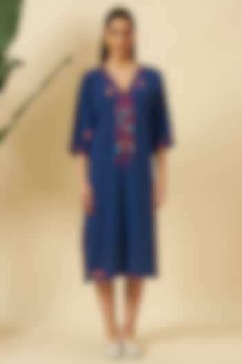 Indigo Seersucker Motifs Embroidered Midi Vacation Dress by Nikasha at Pernia's Pop Up Shop