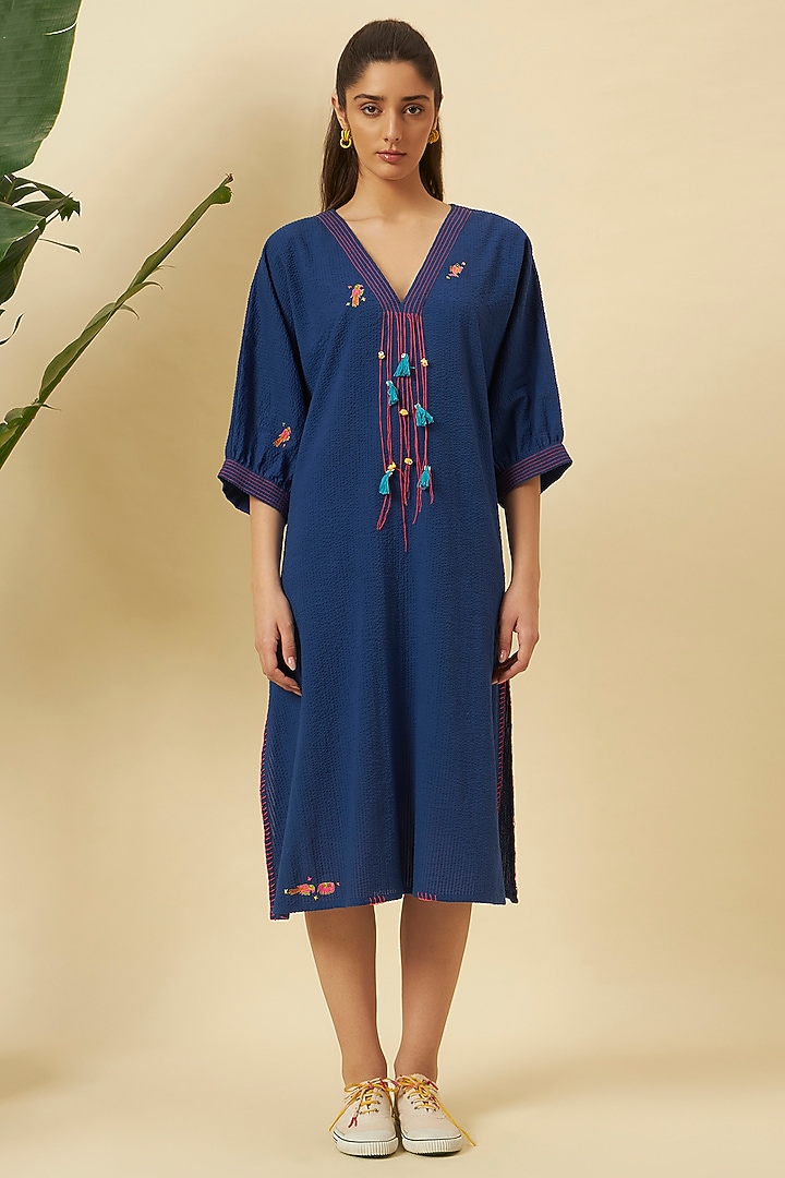 Indigo Seersucker Motifs Embroidered Midi Vacation Dress by Nikasha at Pernia's Pop Up Shop
