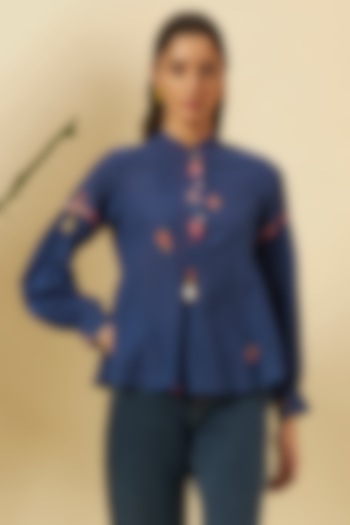 Indigo Cotton Motifs Embroidered Shirt by Nikasha at Pernia's Pop Up Shop