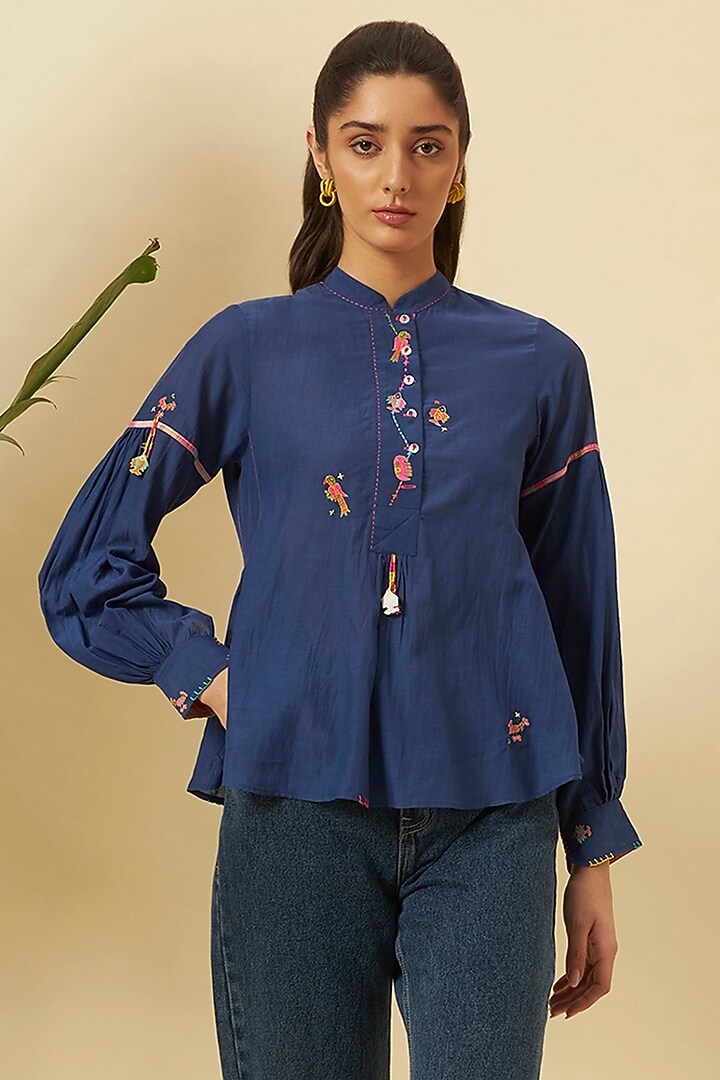 Indigo Cotton Motifs Embroidered Shirt by Nikasha at Pernia's Pop Up Shop