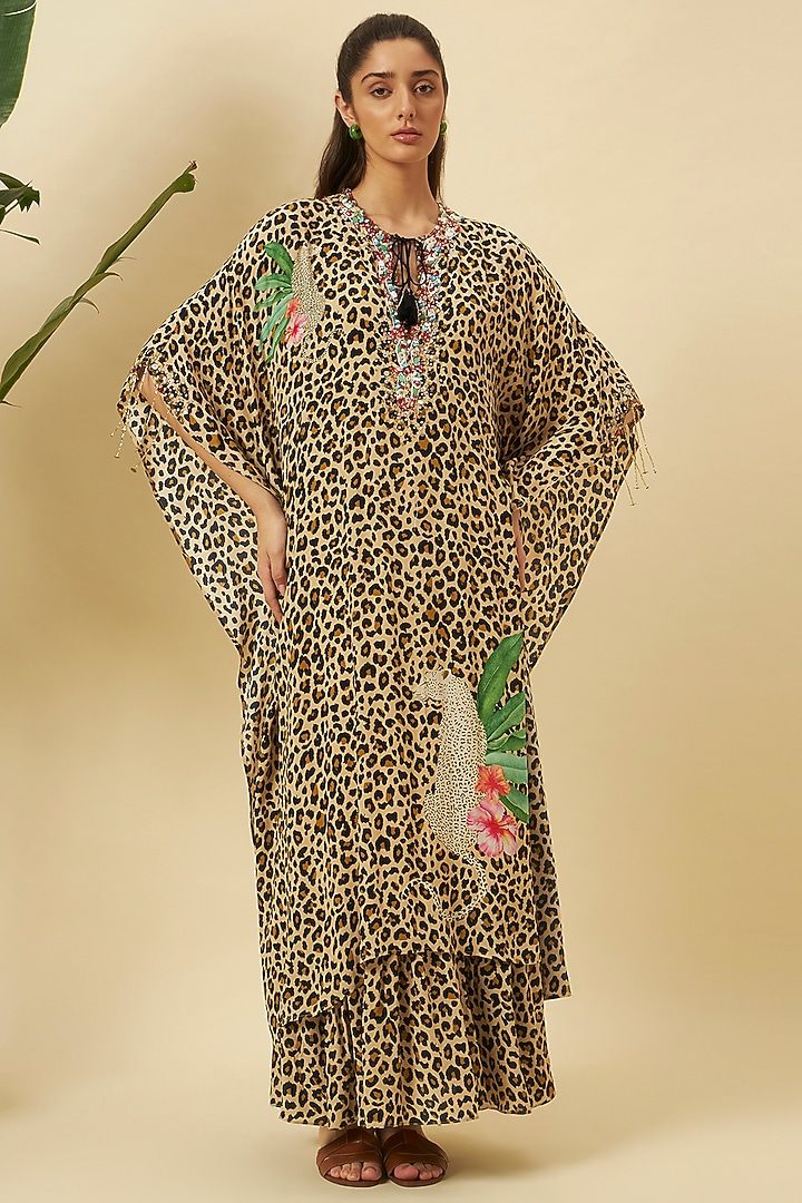Multi-Colored Crepe Leopard Printed Kaftan Maxi Vacation Dress by Nikasha at Pernia's Pop Up Shop