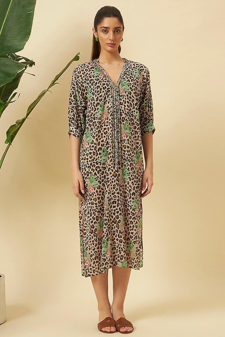 Multi-Colored Cotton Gauze Leopard Printed Midi Vacation Dress by Nikasha at Pernia's Pop Up Shop