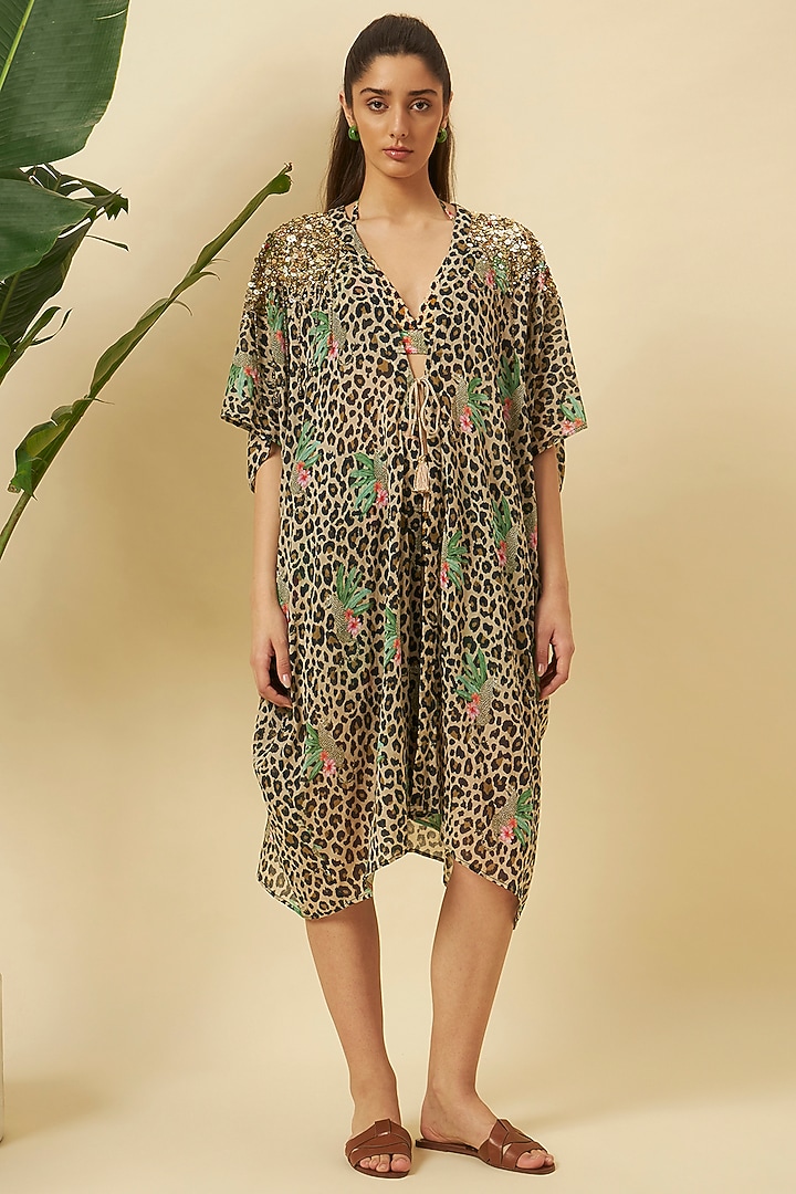 Multi-Colored Cotton Gauze Leopard Printed & Embroidered Shrug by Nikasha at Pernia's Pop Up Shop