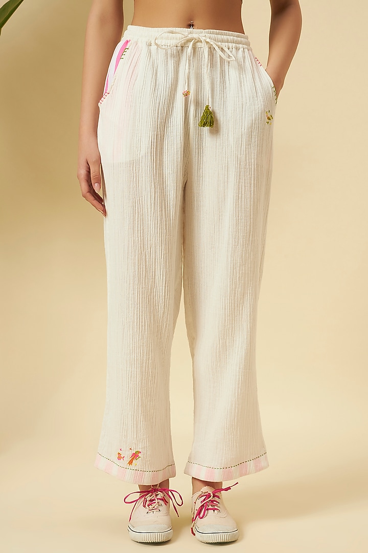 Ivory Cotton Embroidered Pants by Nikasha at Pernia's Pop Up Shop