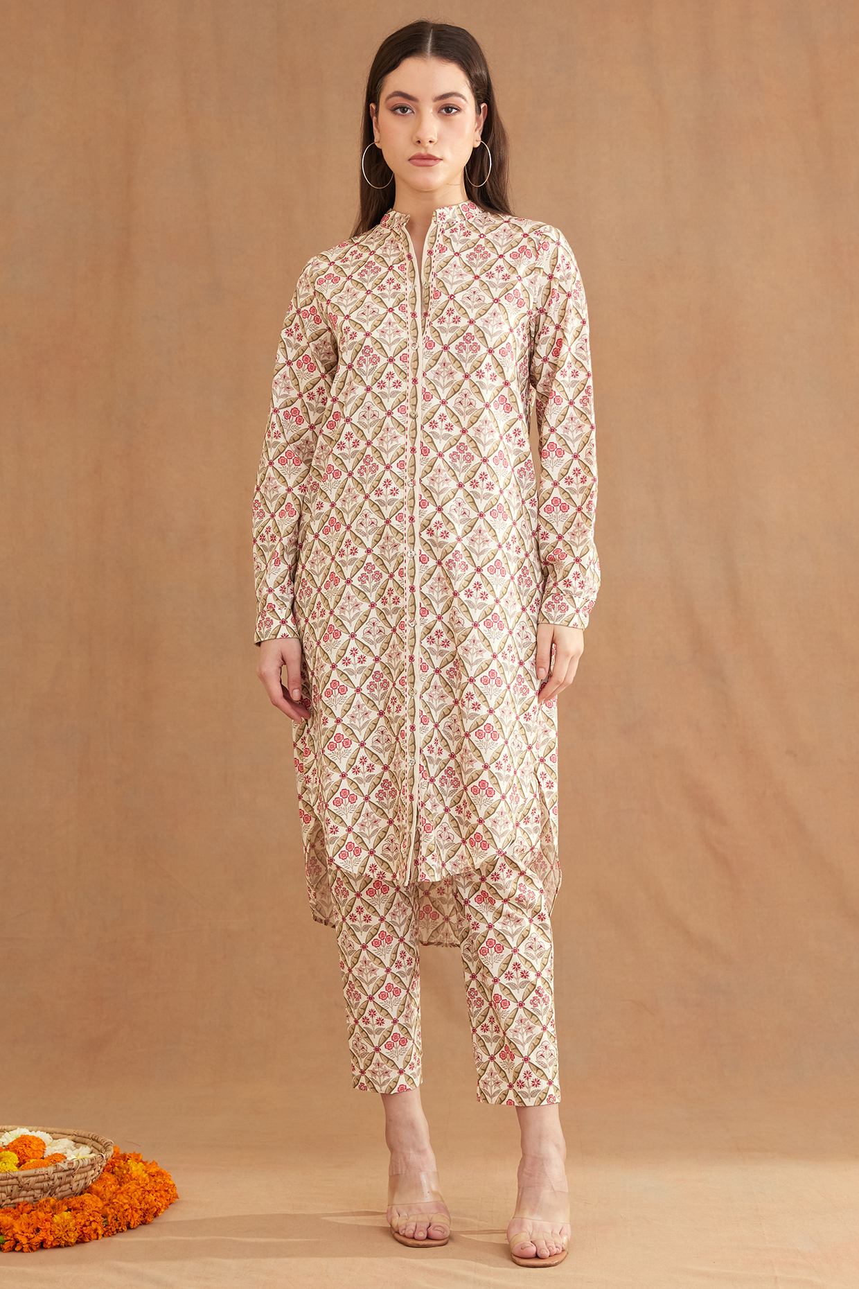 Red Cotton Poplin Printed & Embroidered Tunic Set by Nikasha at Pernia's Pop Up Shop