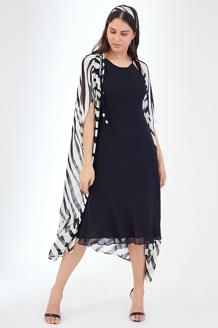 Black & White Viscose Georgette Printed Jacket Vacation Dress by Nikasha at Pernia's Pop Up Shop