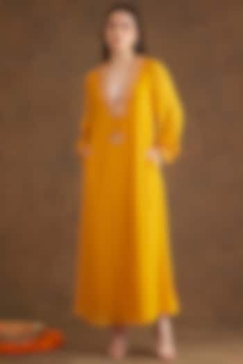 Ochre Viscose Georgette Embroidered Dress by Nikasha