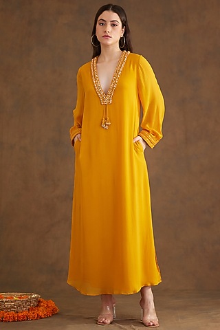 Ochre Viscose Georgette Embroidered Dress by Nikasha
