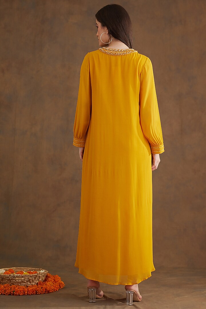 Ochre Viscose Georgette Embroidered Vacation Dress by Nikasha at Pernia's Pop Up Shop