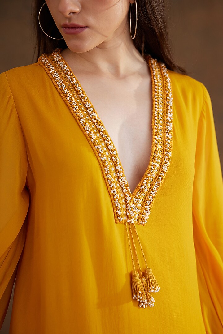 Ochre Viscose Georgette Embroidered Vacation Dress by Nikasha at Pernia's Pop Up Shop