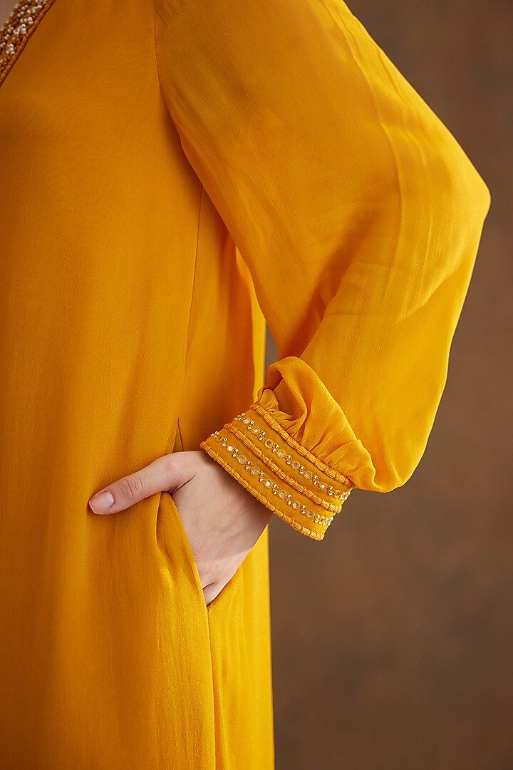 Ochre Viscose Georgette Embroidered Vacation Dress by Nikasha at Pernia's Pop Up Shop