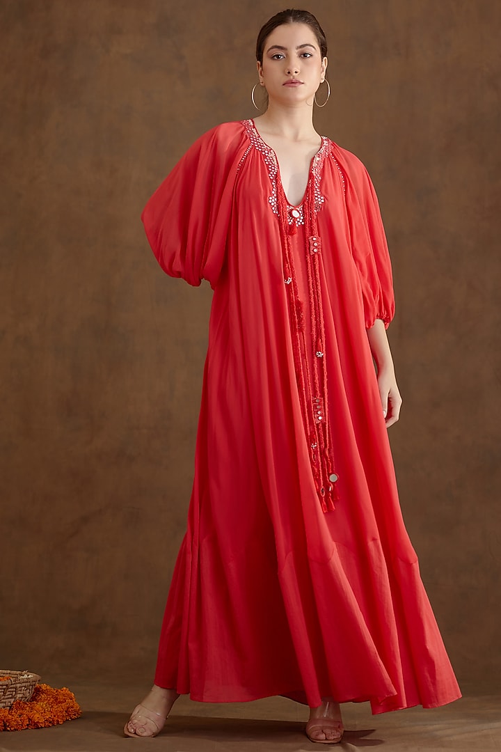 Coral Viscose Georgette Embroidered Dress by Nikasha