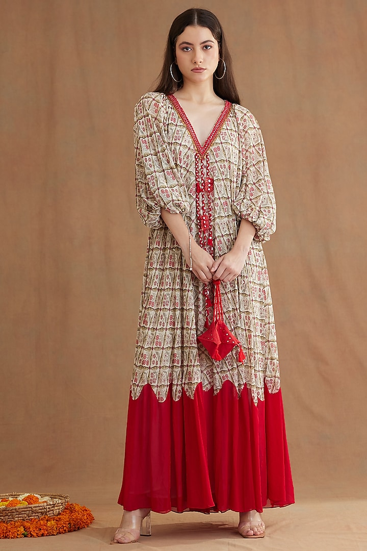 Red Viscose Georgette Printed & Embroidered Dress by Nikasha