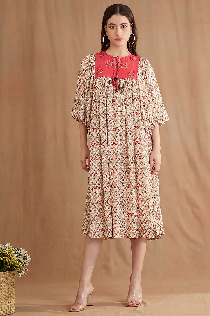 Red Viscose Crepe Printed & Embroidered Tunic by Nikasha