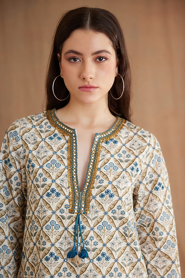 Blue Cotton Poplin Printed & Embroidered Tunic Dress by Nikasha at Pernia's Pop Up Shop