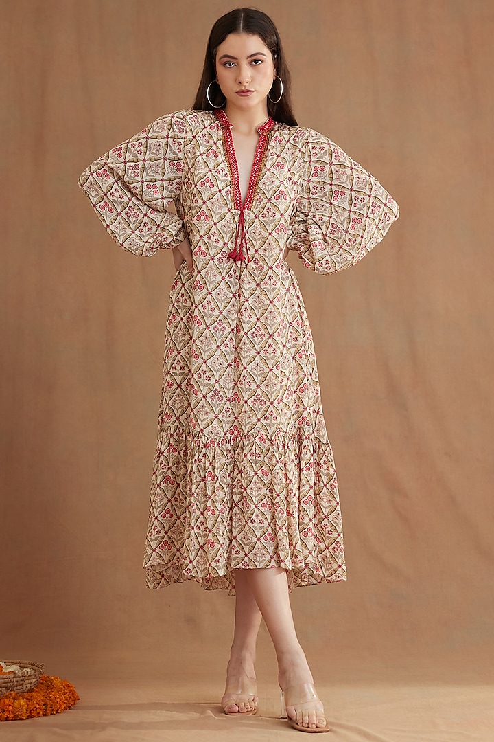 Red Viscose Georgette Printed & Embroidered Tunic Dress by Nikasha