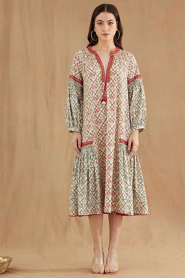 Red Cotton Poplin Printed & Embroidered Tunic Dress by Nikasha
