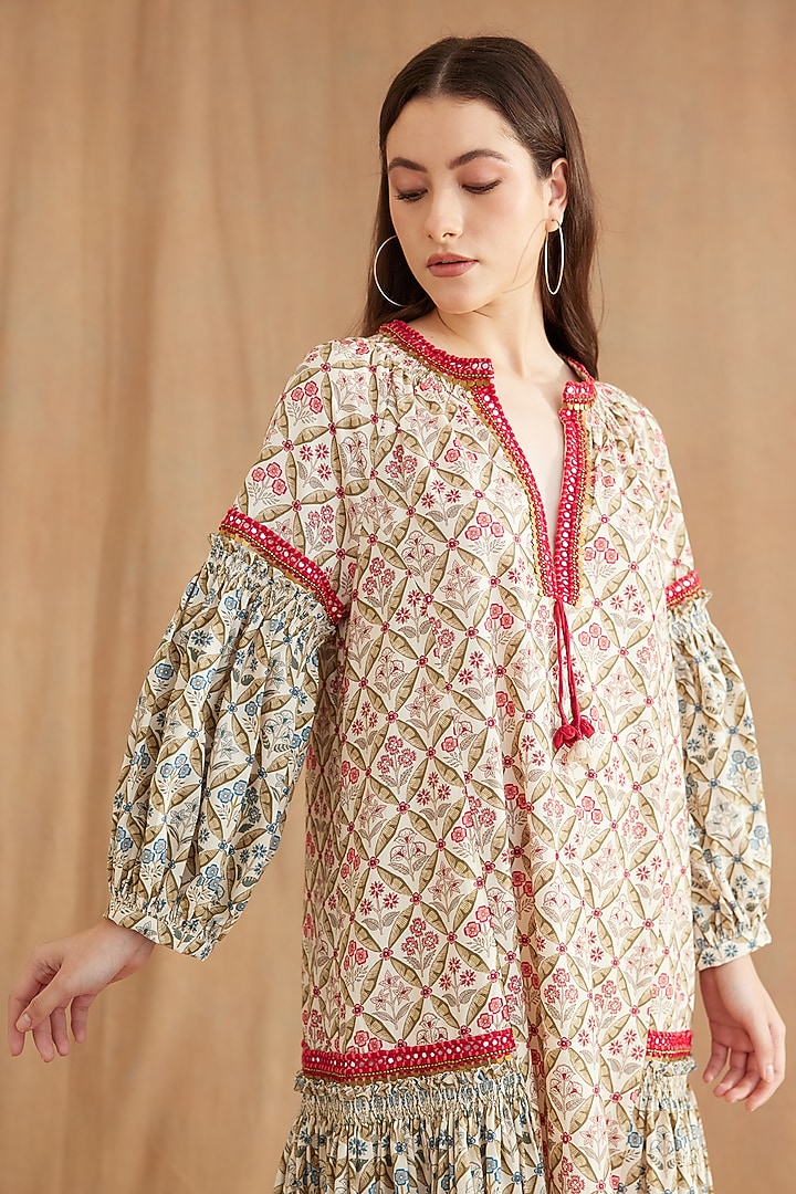 Red Cotton Poplin Printed & Embroidered Tunic Dress by Nikasha at Pernia's Pop Up Shop