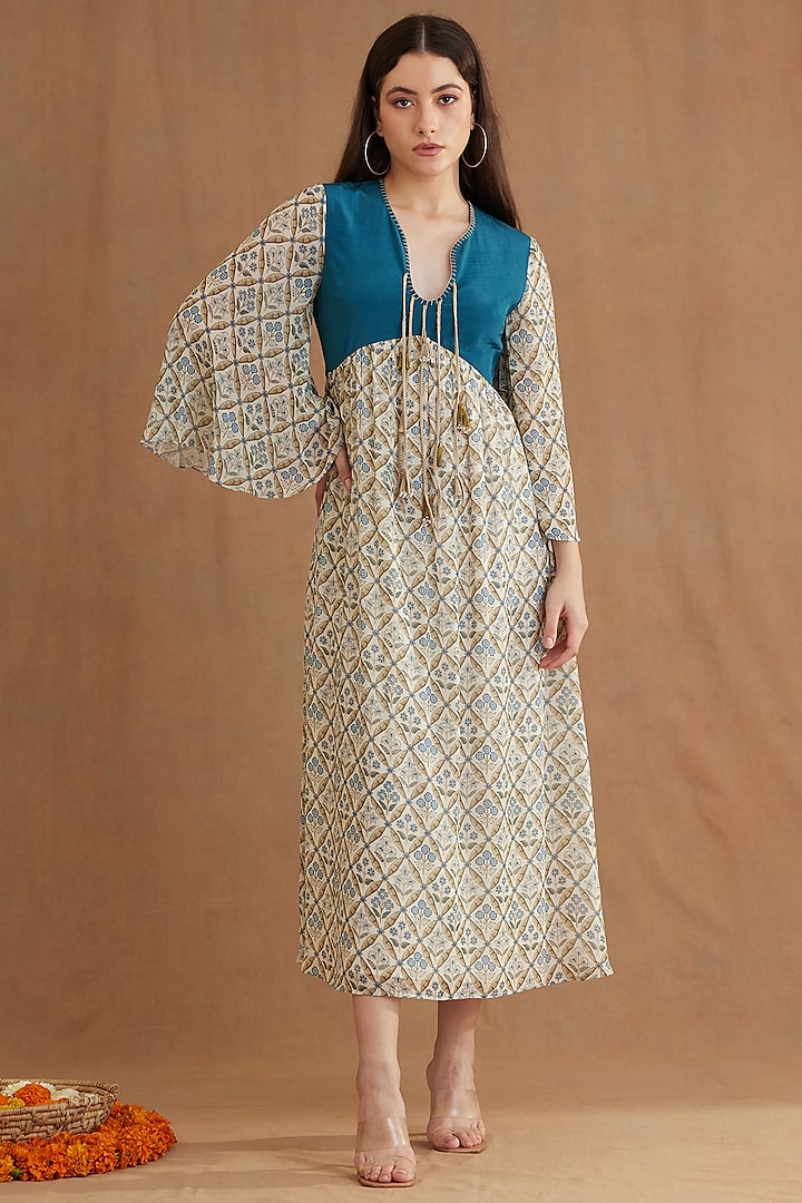 Blue Viscose Crepe Printed Dress by Nikasha