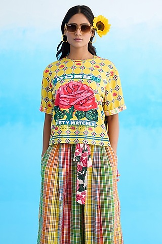 Yellow Jersey Cotton Bead Hand Embroidered T-shirt by Nikasha