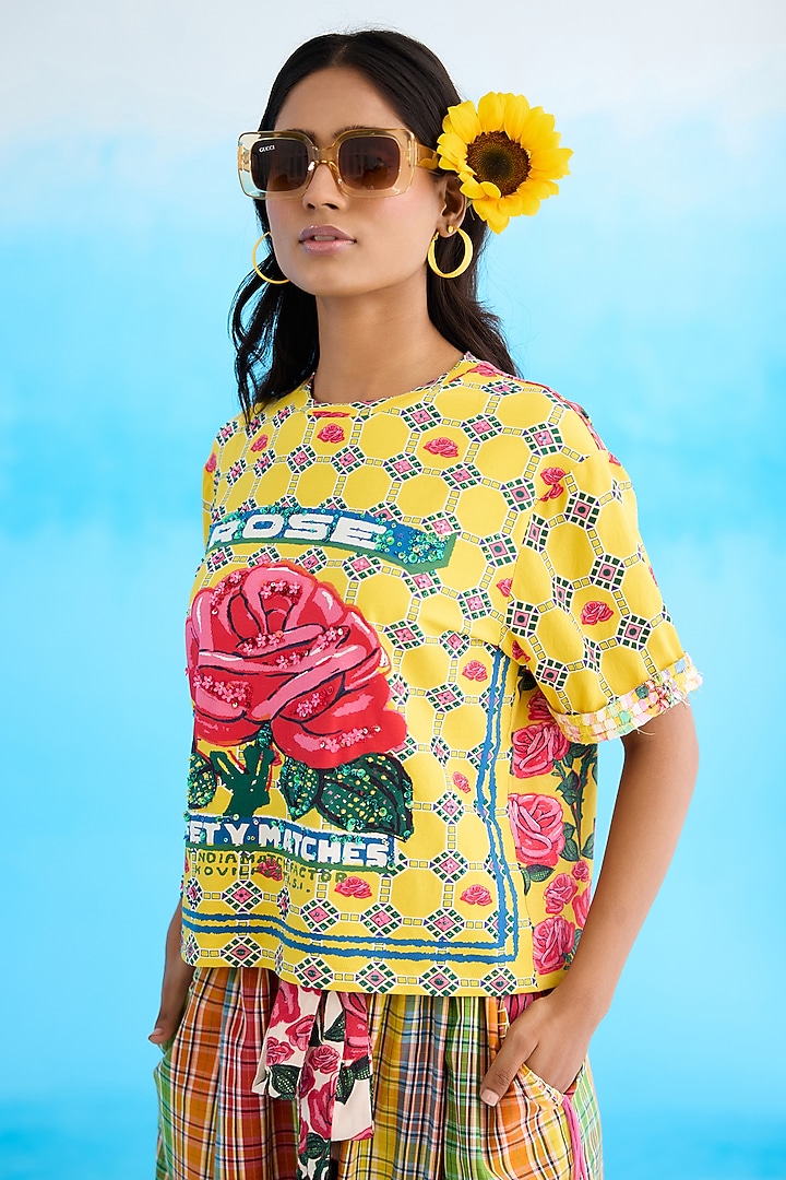 Yellow Jersey Cotton Bead Hand Embroidered T-shirt by Nikasha at Pernia's Pop Up Shop