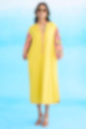 Yellow Seersucker Cotton Printed A-Line Dress by Nikasha