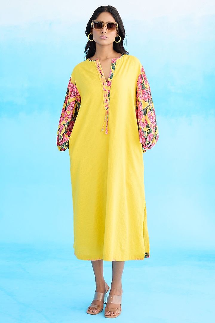 Yellow Seersucker Cotton Printed A-Line Dress by Nikasha