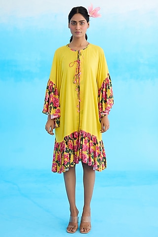 Yellow Cotton Printed Frilled Overgarment by Nikasha