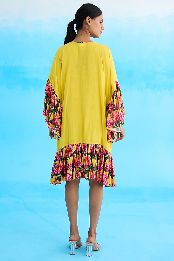 Yellow Cotton Printed Frilled Overgarment by Nikasha at Pernia's Pop Up Shop