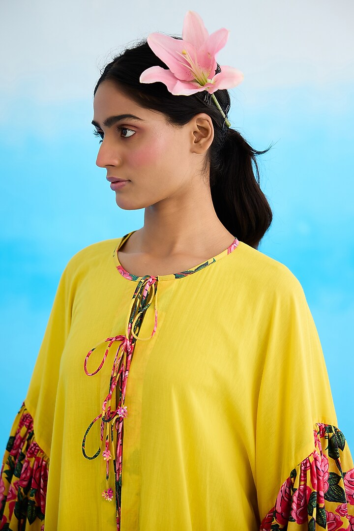 Yellow Cotton Printed Frilled Overgarment by Nikasha at Pernia's Pop Up Shop