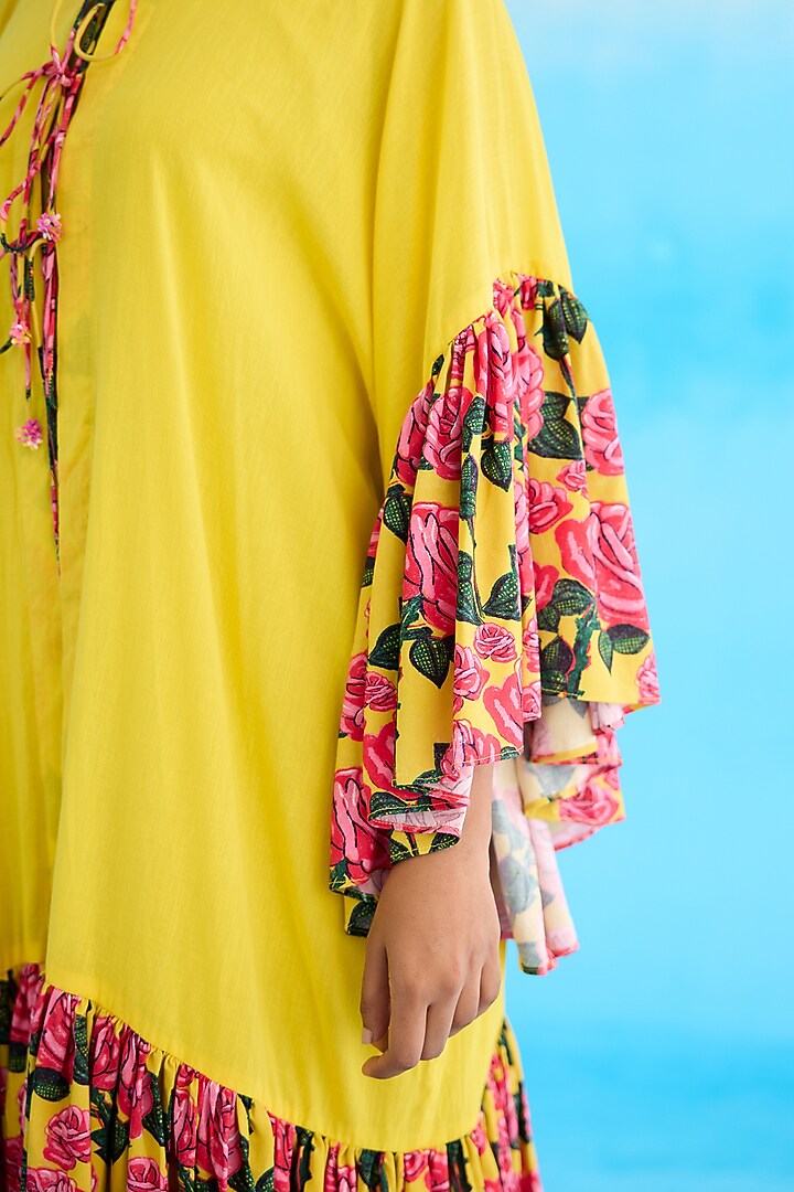 Yellow Cotton Printed Frilled Overgarment by Nikasha at Pernia's Pop Up Shop