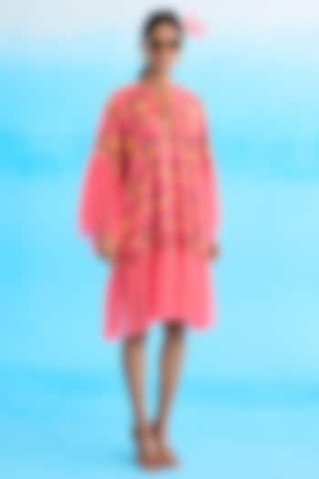 Pink Cotton & Net Printed Frilled Mini Dress by Nikasha