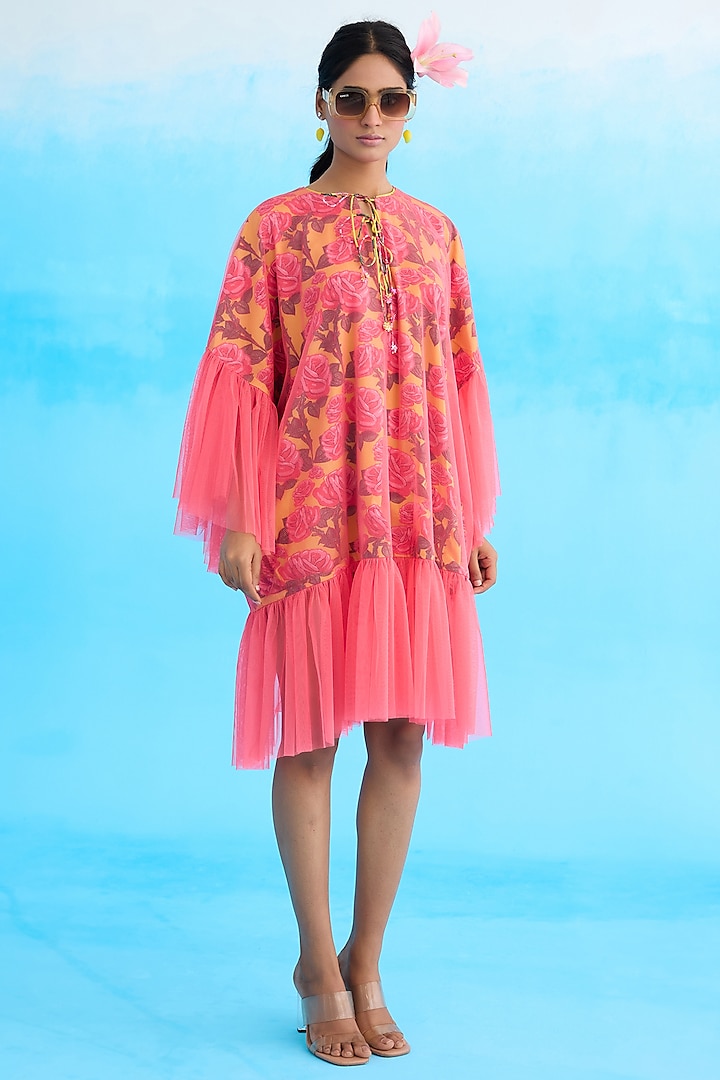 Pink Cotton & Net Printed Frilled Mini Dress by Nikasha