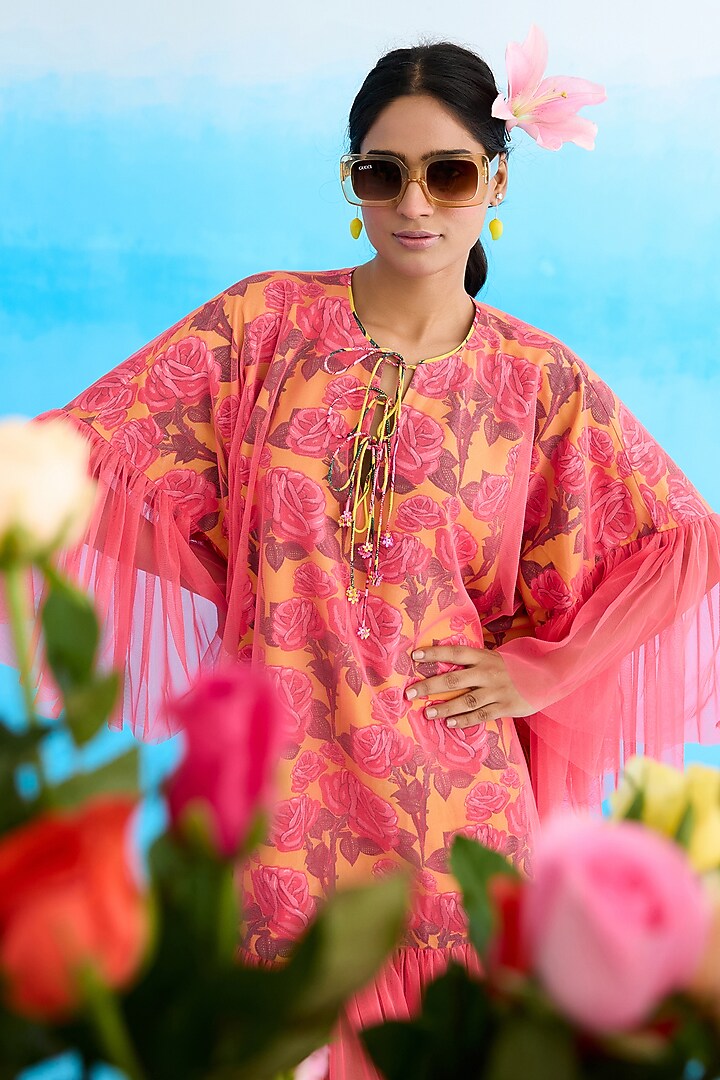 Pink Cotton & Net Printed Frilled Mini Vacation Dress by Nikasha at Pernia's Pop Up Shop