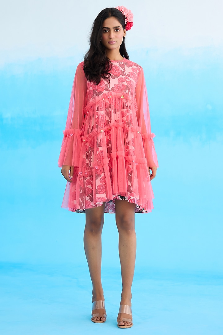 Pink Net & Cotton Rose Printed Tiered Mini Dress by Nikasha