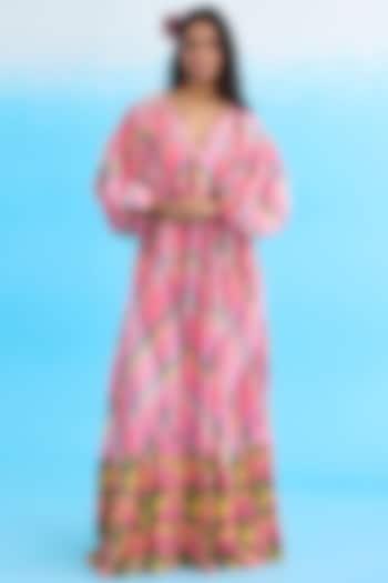 Pink Cotton Embroidered & Checkered Maxi Dress by Nikasha
