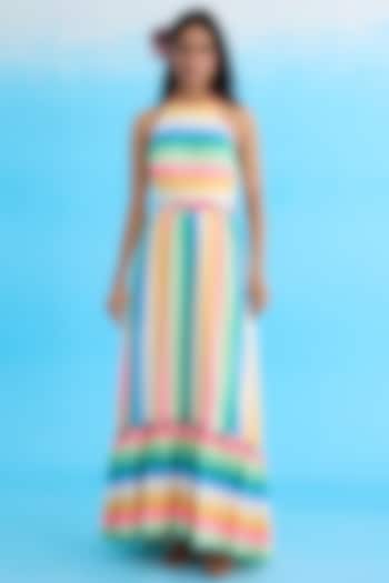 Multi-Colored Cotton Hand Embroidered & Striped Maxi Dress by Nikasha