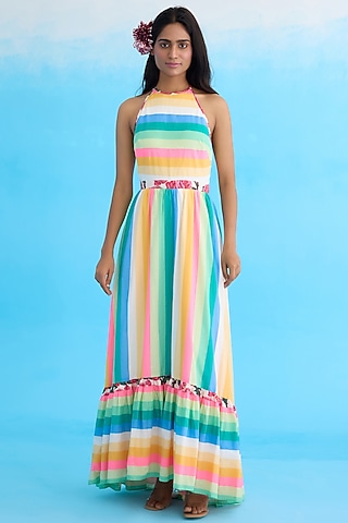 Multi-Colored Cotton Hand Embroidered & Striped Maxi Dress by Nikasha
