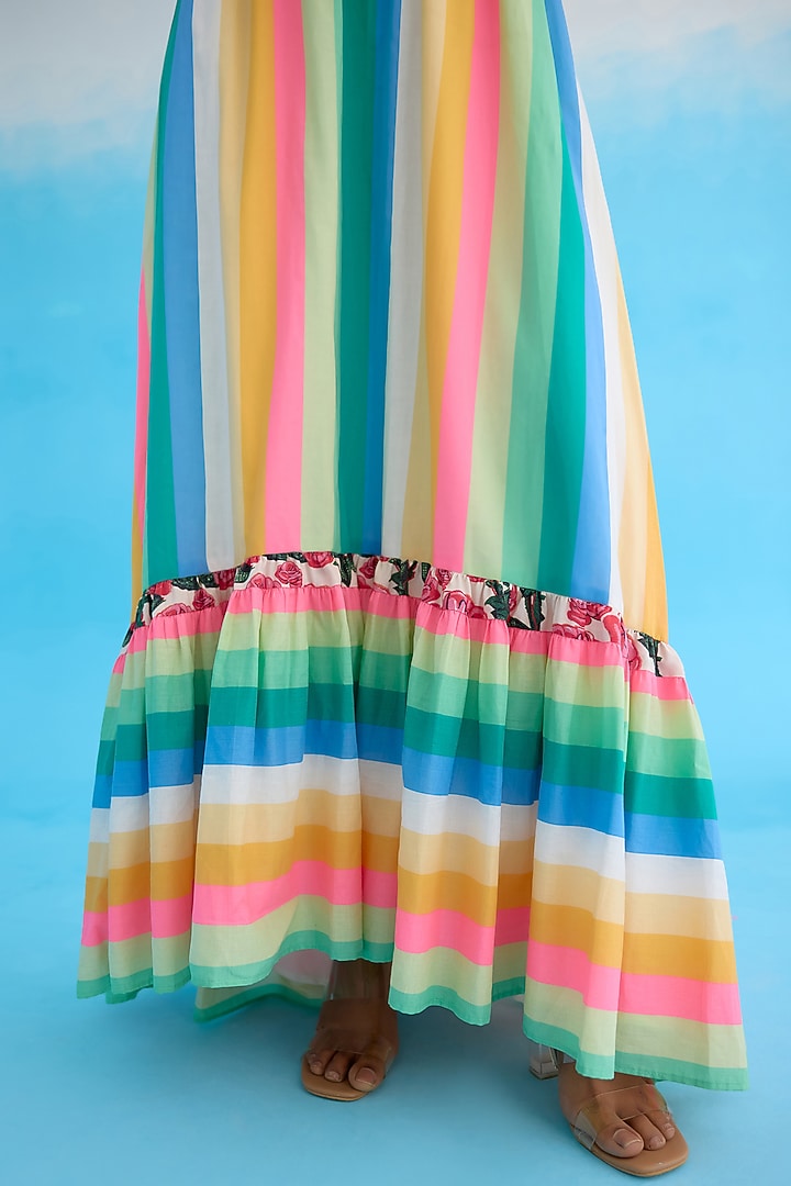 Multi-Colored Cotton Hand Embroidered & Striped Maxi Vacation Dress by Nikasha at Pernia's Pop Up Shop