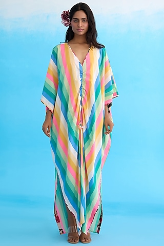 Multi-Colored Cotton Striped Kaftan by Nikasha