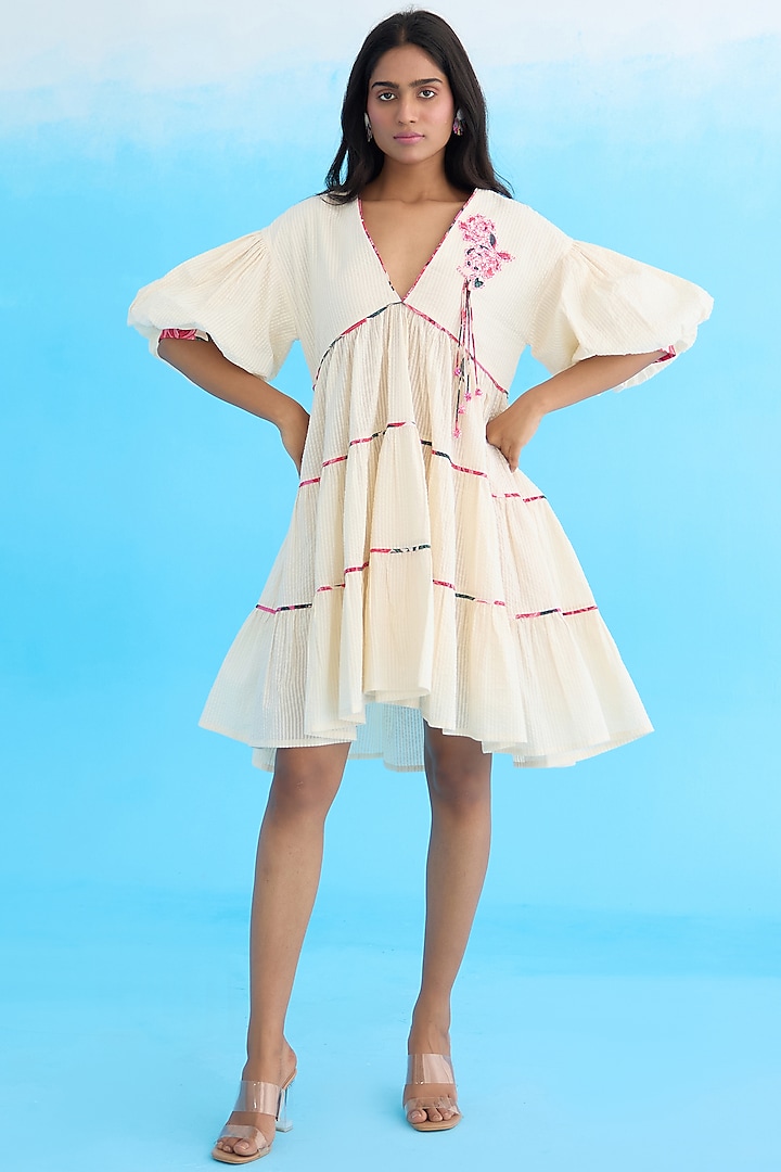Cream Seersucker Cotton Hand Embroidered Tiered Dress by Nikasha