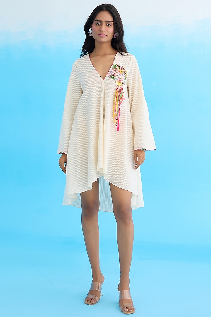 Cream Seersucker Cotton Embroidered A-Line Mini Dress by Nikasha